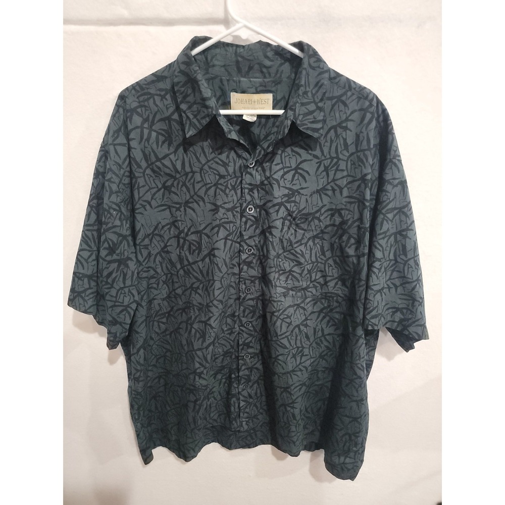 Johari West Shirt Mens 3XL Hawaiian Black Green Bamboo Batik‎ Camp Button Up